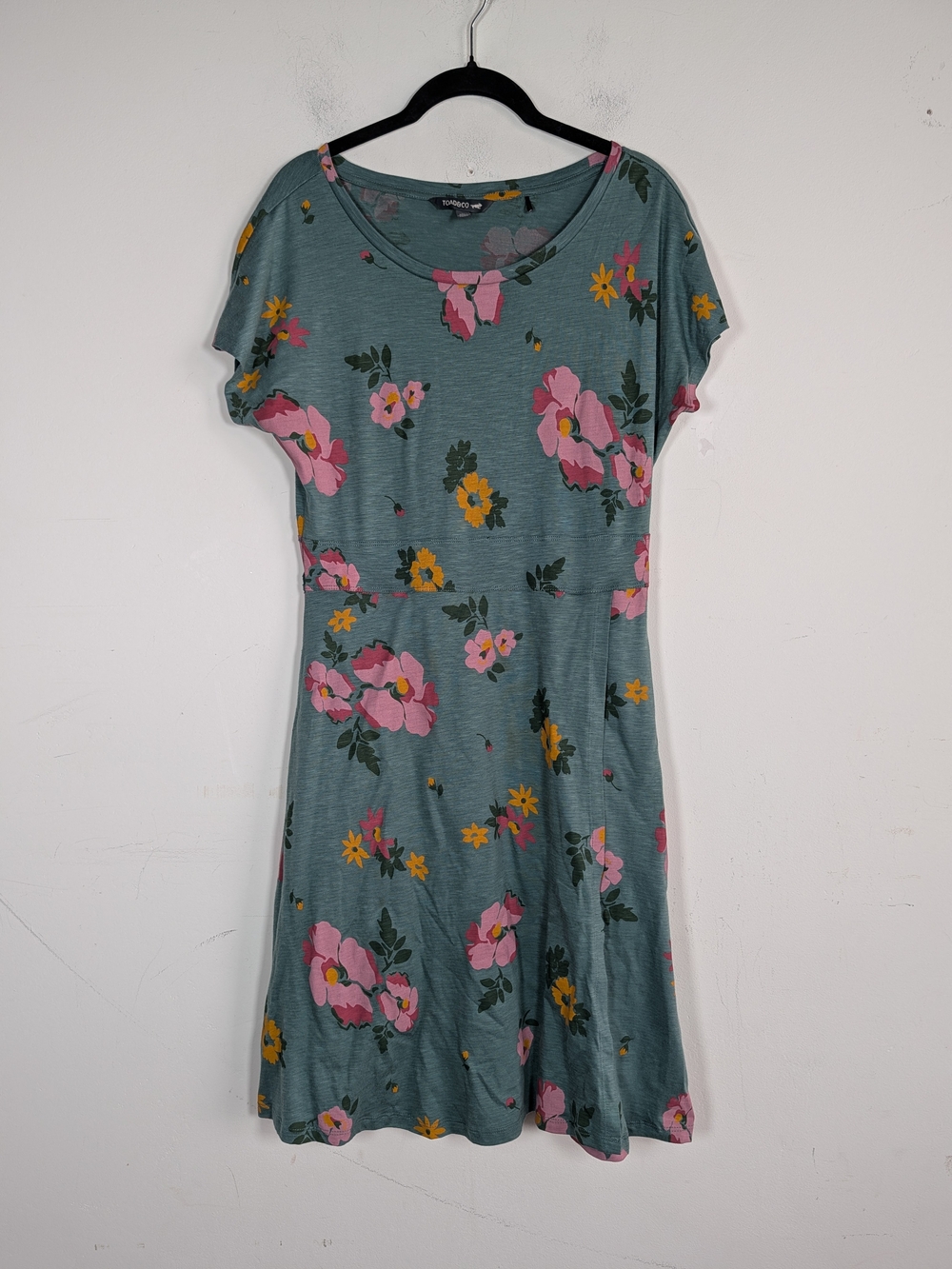 Toad&Co Teal Floral Slit Detail Short Sleeve Dress, Size M